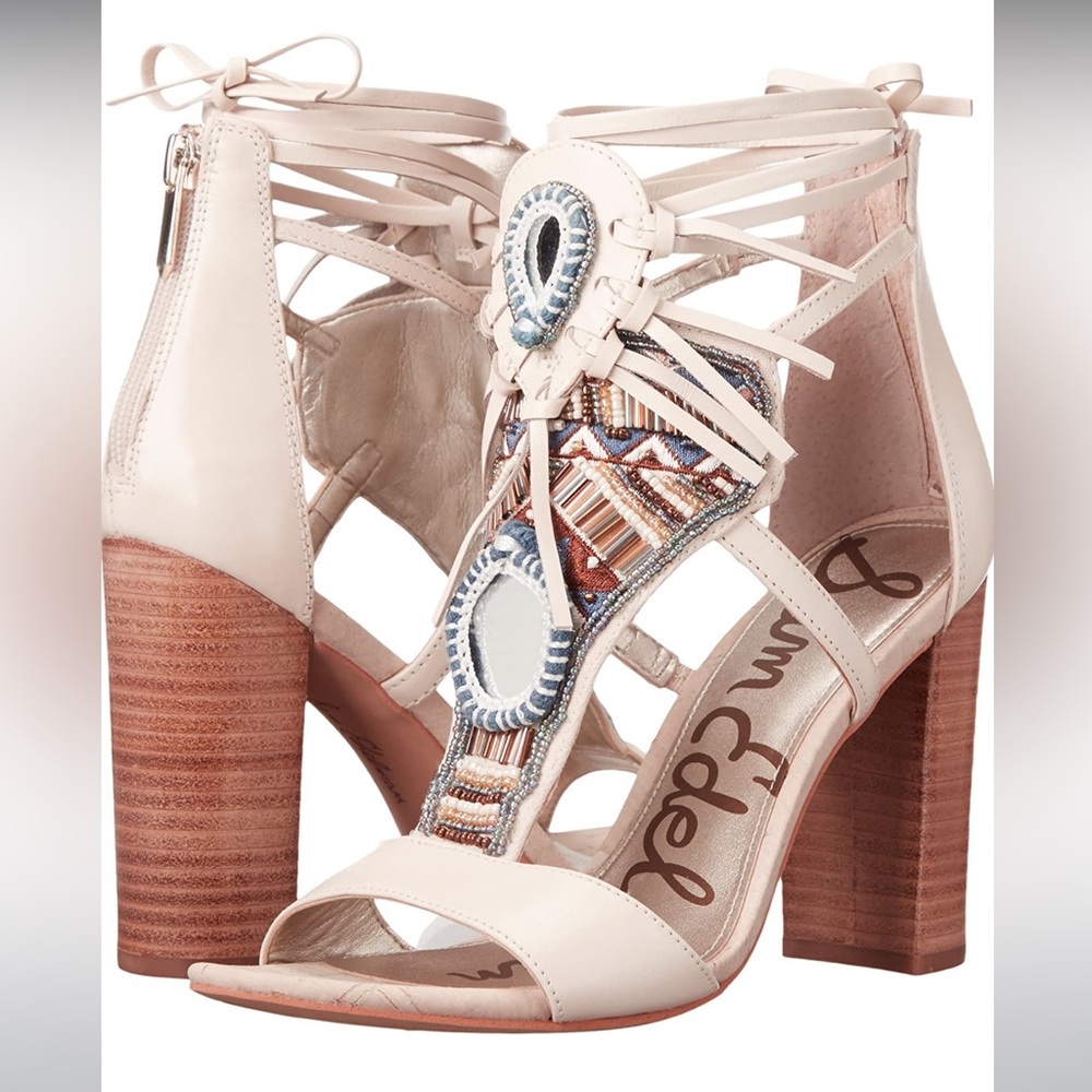 Sam Edelman Yvette Ivory Beaded Fringed Heel Sandal. New Without Box. Never Worn